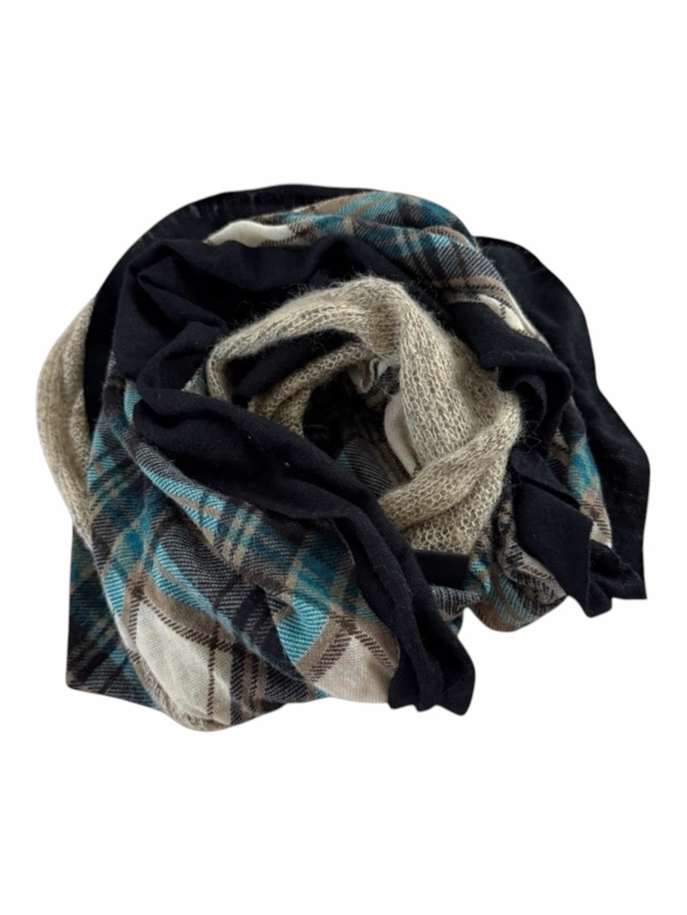 Women’s Mixed Media Patchwork Infinity Scarf Plaid Knit Black Beige Teal Boho